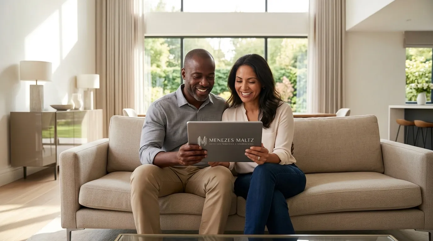 Casal planeja como declarar bens no exterior sem erros usando tablet em sala de estar moderna.