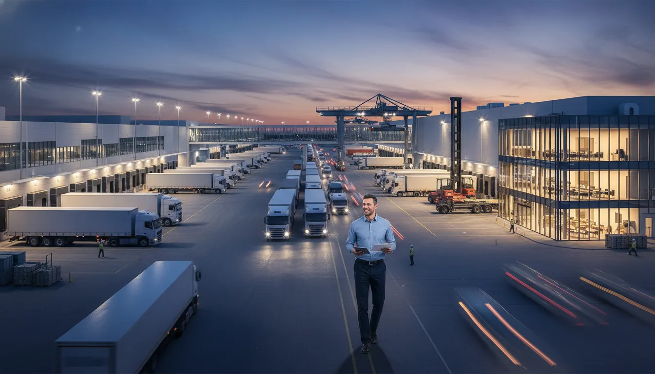 Caminhoneiro otimista em terminal logístico movimentado, simbolizando fluxo de caixa para caminhoneiros.