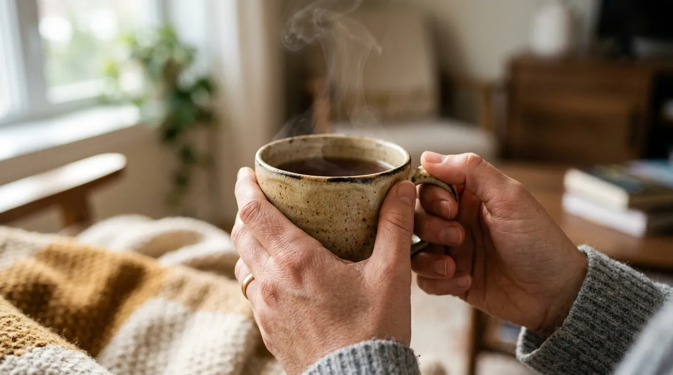Exercício de mindfulness focado em sensações táteis com xícara de chá