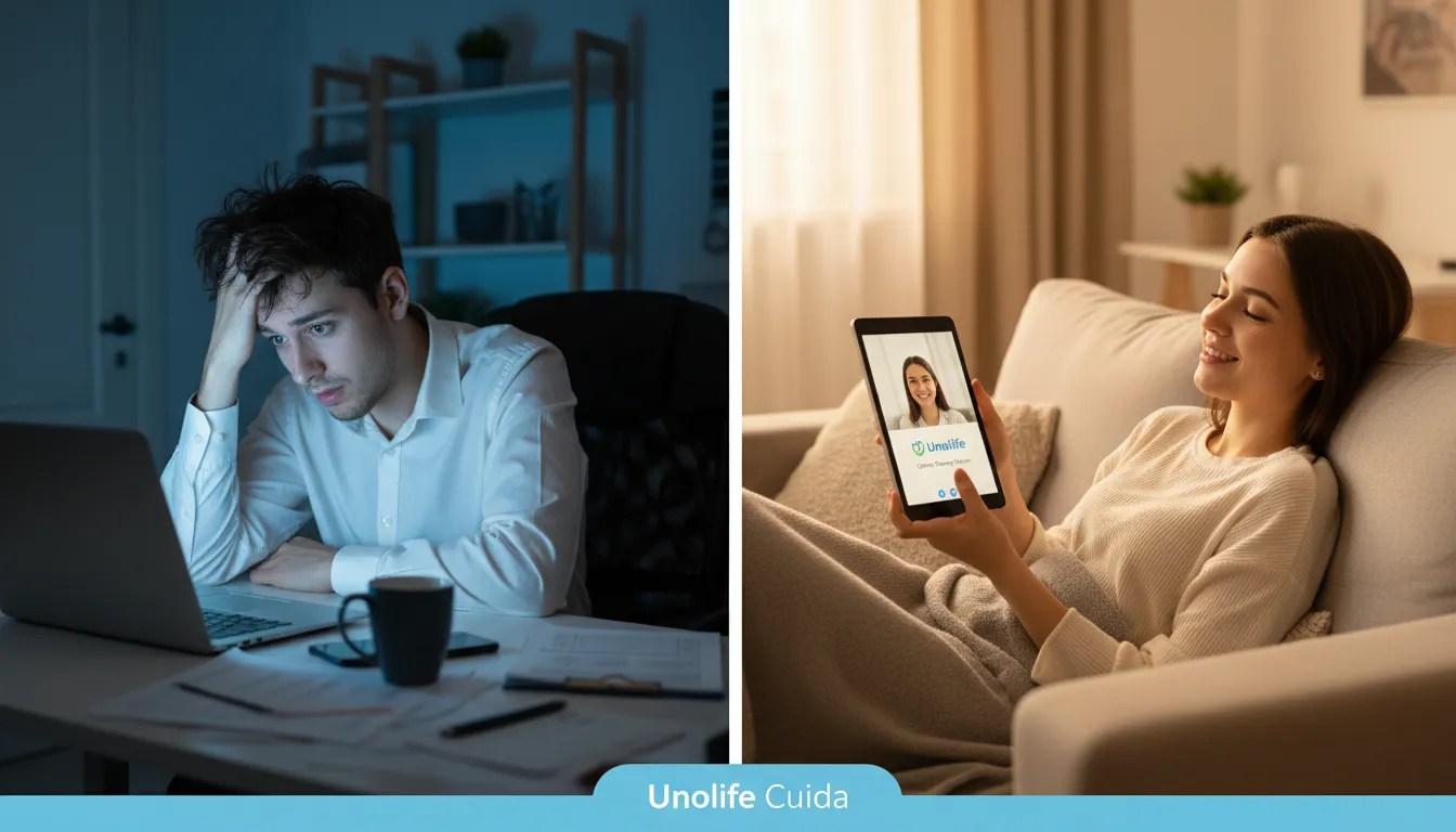 Profissional estressado que encontra alívio e bem-estar através da terapia online com a Unolife, destacando a importância do acompanhamento terapêutico.