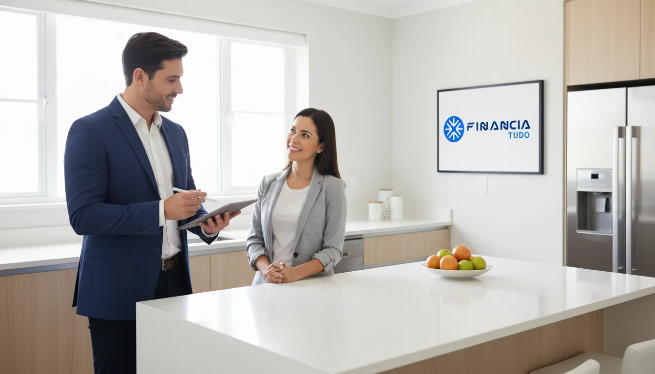 Avaliador e proprietário em cozinha moderna, concluindo a avaliação de imóvel banco com sucesso.