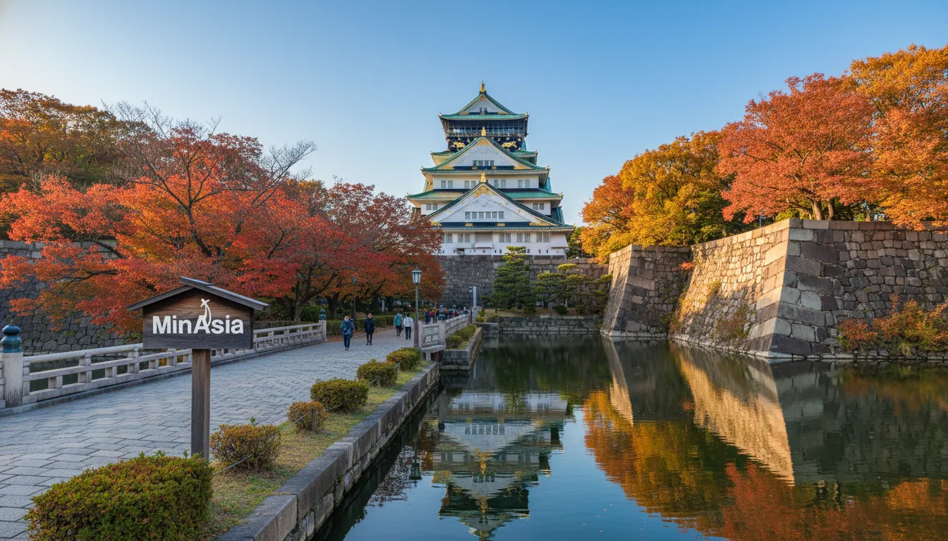 Castelo de Osaka, Japão, em um dia claro de outono, rodeado por árvores coloridas. História e beleza.