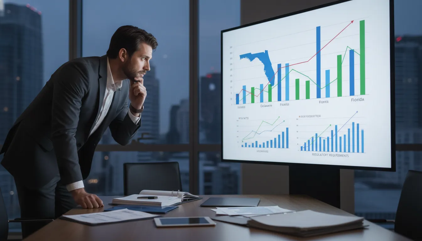 Empresário analisa dados financeiros comparativos para decidir entre Delaware ou Florida: onde abrir sua empresa e otimizar impostos.