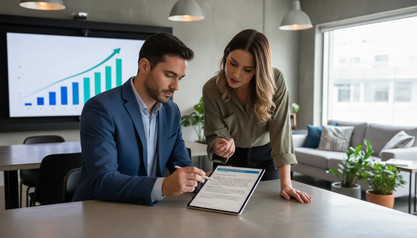 Advogado e empresário revisam contrato digital em tablet, simbolizando confiança e crescimento nos negócios.