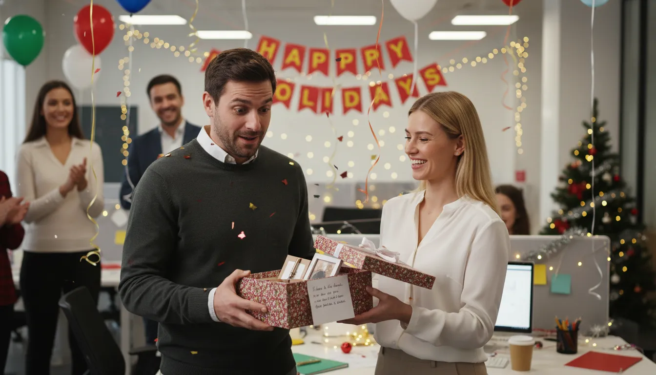 Colaborador recebe presente de Natal personalizado com bilhete manuscrito, demonstrando surpresa e emoção.