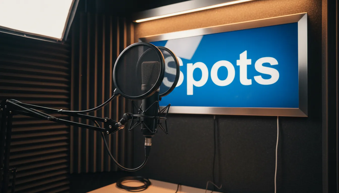 Close-up de um microfone em estúdio profissional, perfeito para captação de áudio e gravação de vinheta de alta qualidade.