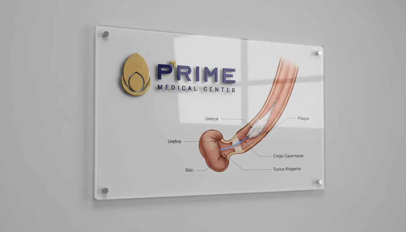 Ilustração detalhada da doença de Peyronie, mostrando a formação de placas que causam a curvatura peniana.
