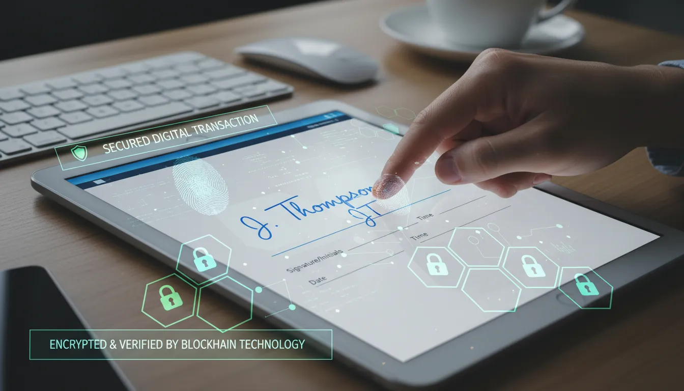 Mão inserindo uma rubrica digital em documento eletrônico com elementos de segurança cibernética em destaque