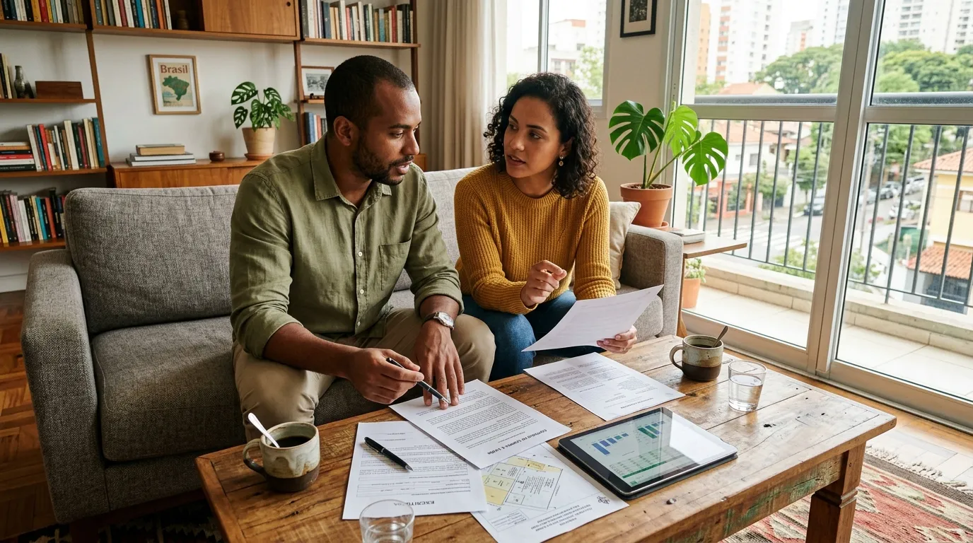 Casal avaliando contrato e aprendendo como comparar home equity para projetos pessoais.