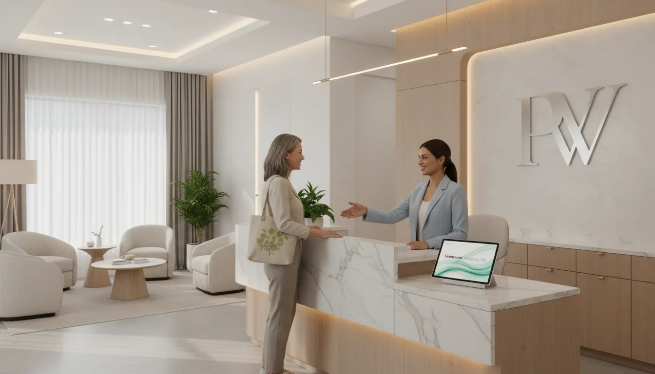 Recepção de clínica de wellness premium, destacando a importância do whatsapp business mensagem automática no atendimento e na construção de um relacionamento duradouro com o paciente.