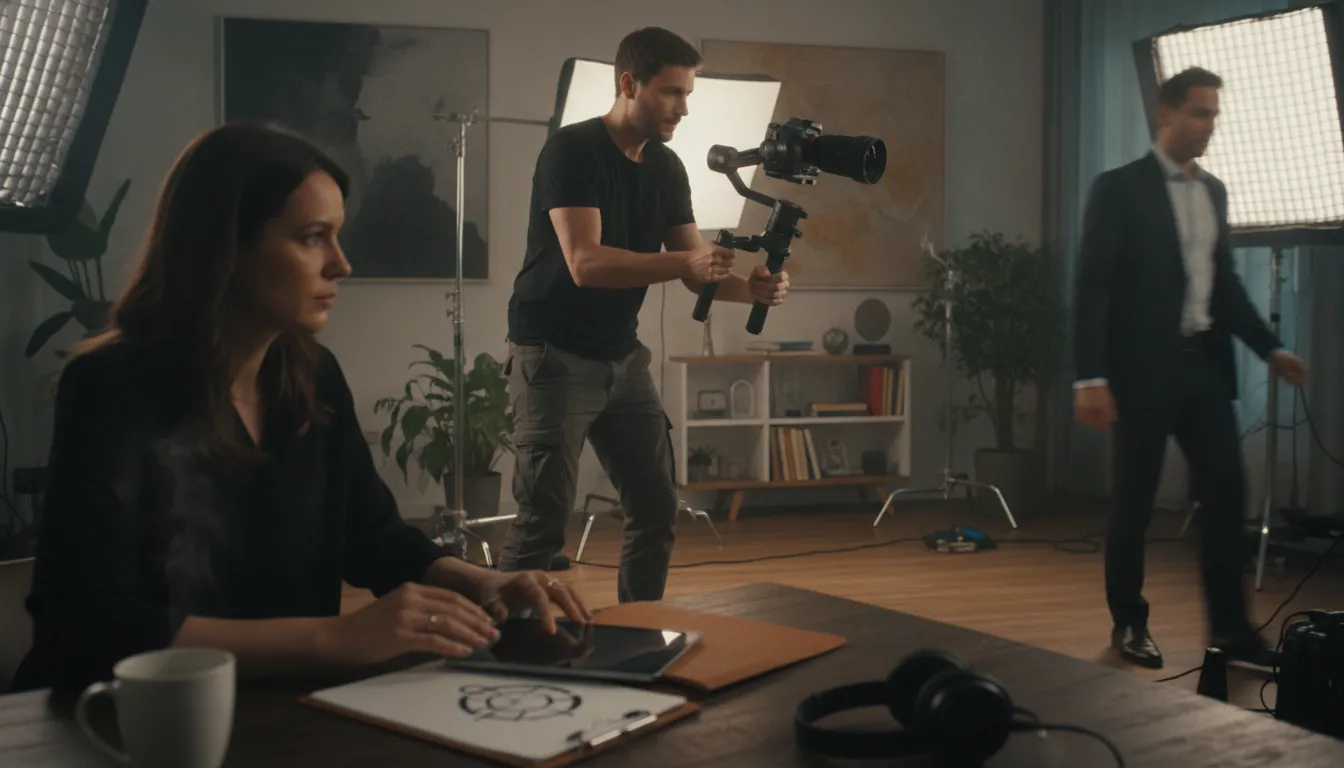 Equipe de produção de vídeo em ação, criando conteúdo profissional para branding de sucesso.