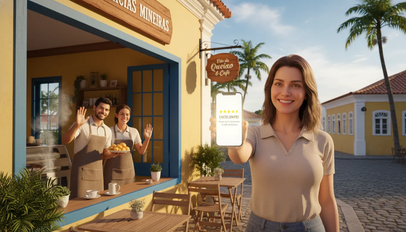 SEO Local BH 2026: Como Dominar Buscas na Sua Cidade 3 Comércio em BH recebendo avaliação cinco estrelas pelo celular com equipe sorridente no atendimento