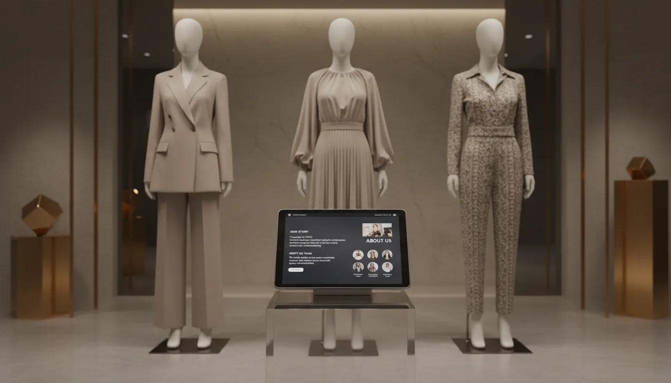 Modelos de Texto Pronto para Página “Sobre Nós” de Loja Virtual 1 Loja virtual de moda exibindo manequins e página 'Sobre Nós' em tablet