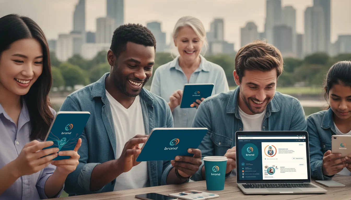 Pessoas diversas interagem com dispositivos digitais, mostrando engajamento com branding consistente e reconhecível.