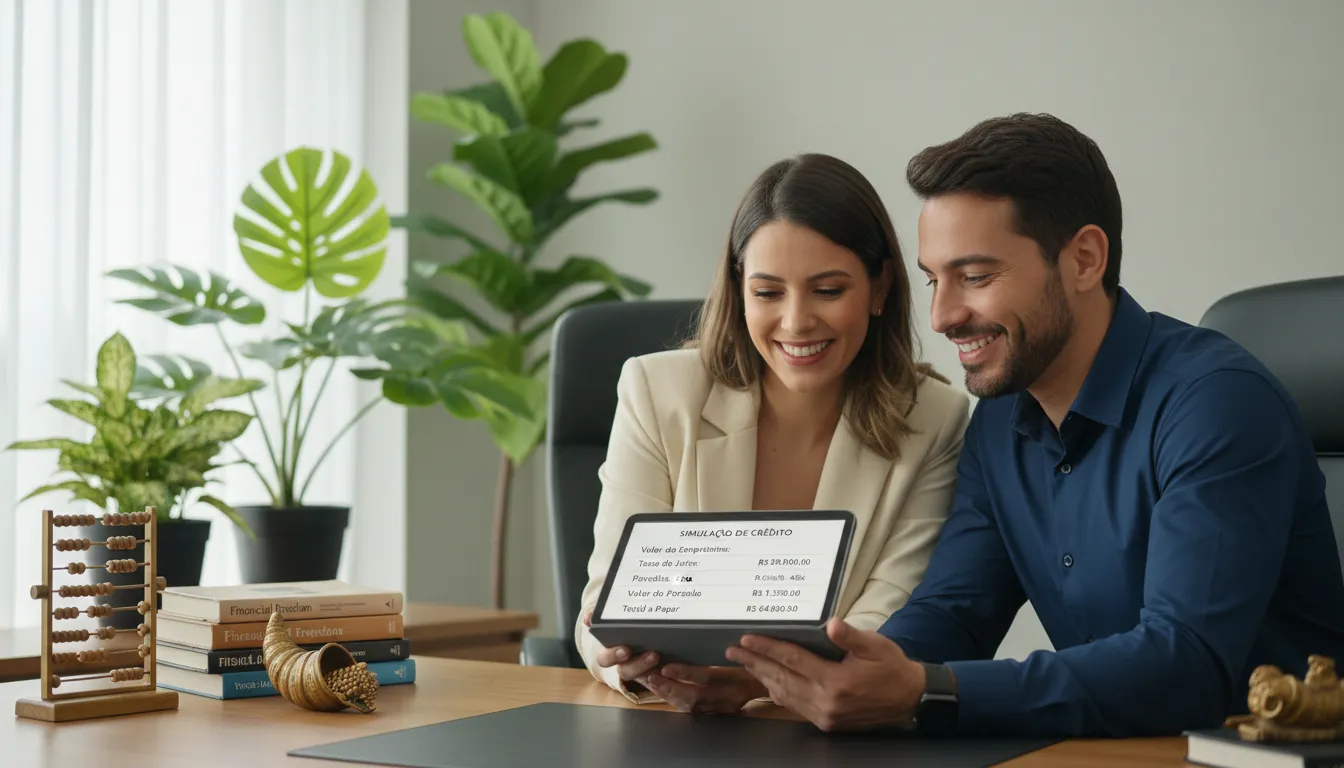 Casal avaliando uma simulação de crédito em tablet, ilustrando escolhas informadas e planejamento financeiro conjunto.