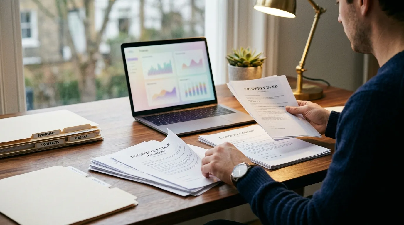 Organização de certidões e documentos para home equity sobre uma mesa de escritório moderna.