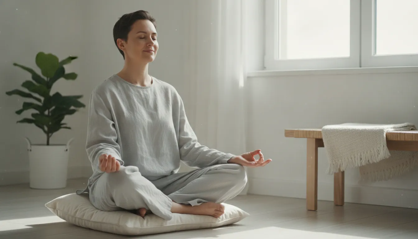 Pessoa meditando serenamente, controlando irritabilidade e cultivando mindfulness em ambiente calmo.
