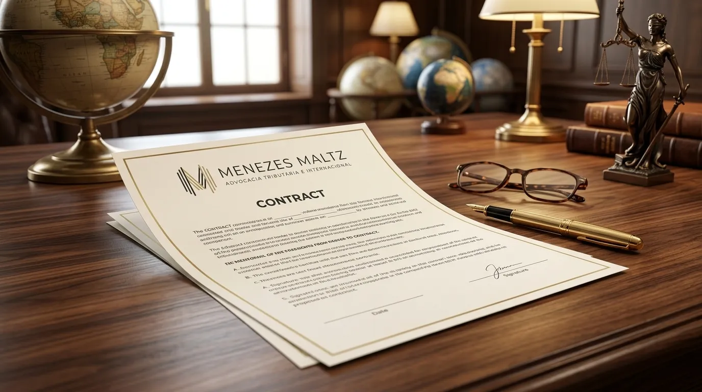 Contrato de abertura de conta domiciliado no exterior sobre mesa de madeira.