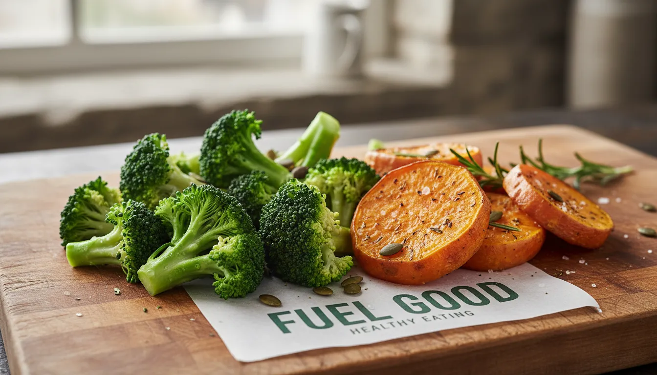 Brócolis fresco e fatias de batata-doce assada juntos em tábua de madeira rústica, mostrando textura e cor.