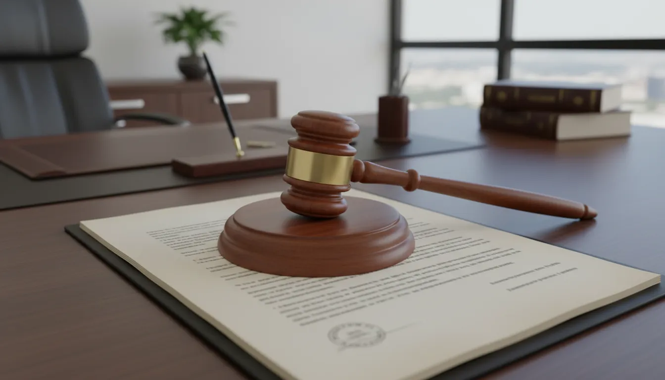 Documento judicial e martelo, simbolizando a justiça e a resolução bem-sucedida de um caso por advogado em Xanxerê.