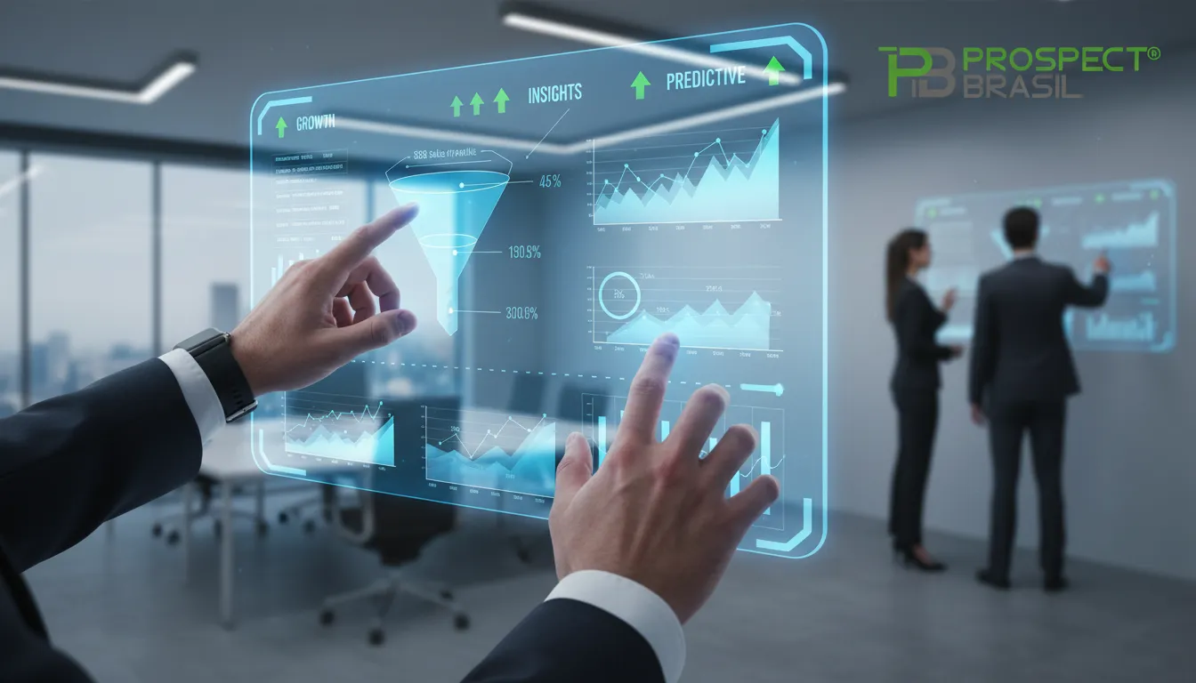 Mãos interagem com tela holográfica, exibindo análise preditiva e pipeline de vendas para geração de leads B2B.