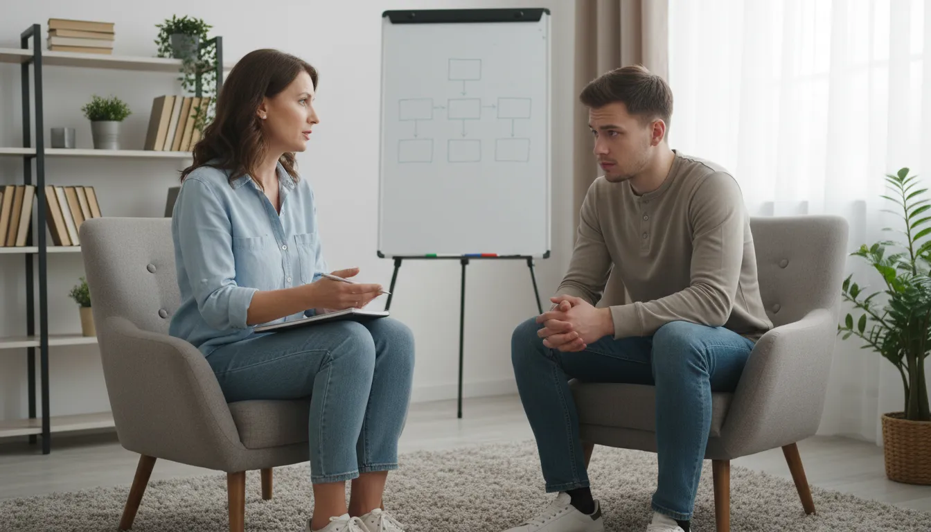 Sessão de terapia cognitivo-comportamental para tratar a ansiedade, conduzida por terapeuta experiente. Apoio e tratamento para a saúde mental.