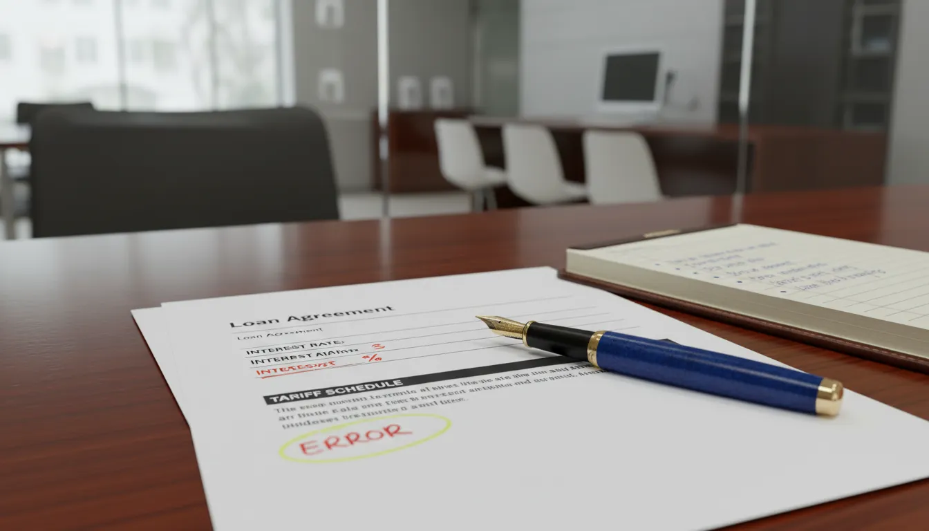 Documentos financeiros em close, mostrando correção de juros e tarifas destacadas, remetendo à análise jurídica bancária