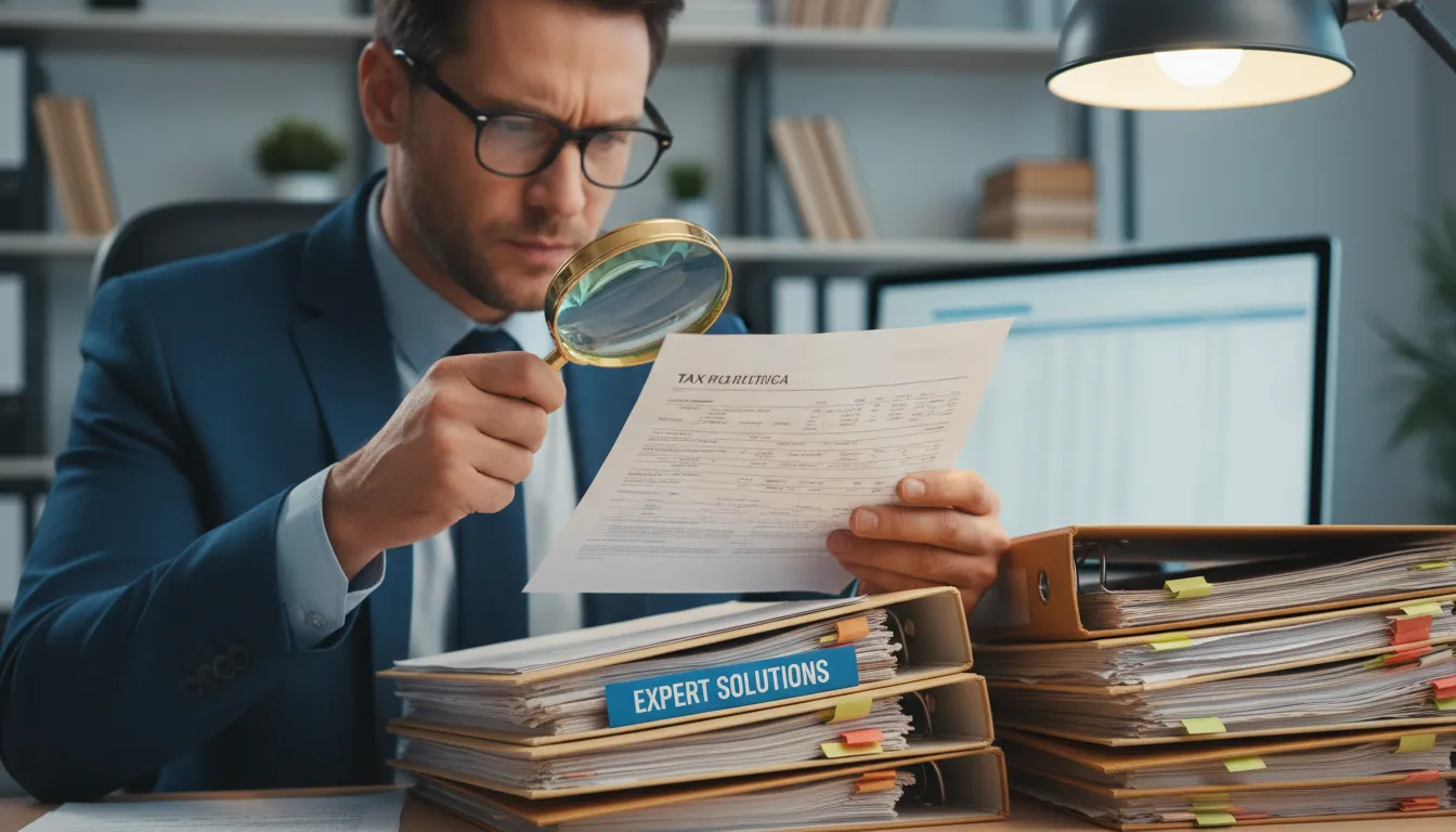 Close-up of accountant reviewing documents for tax preparation for business in Florida, emphasizing attention to detail and expert solutions.