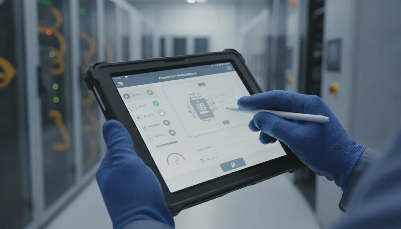 Técnico utiliza software de gestão de manutenção preventiva em tablet para registrar dados de campo.