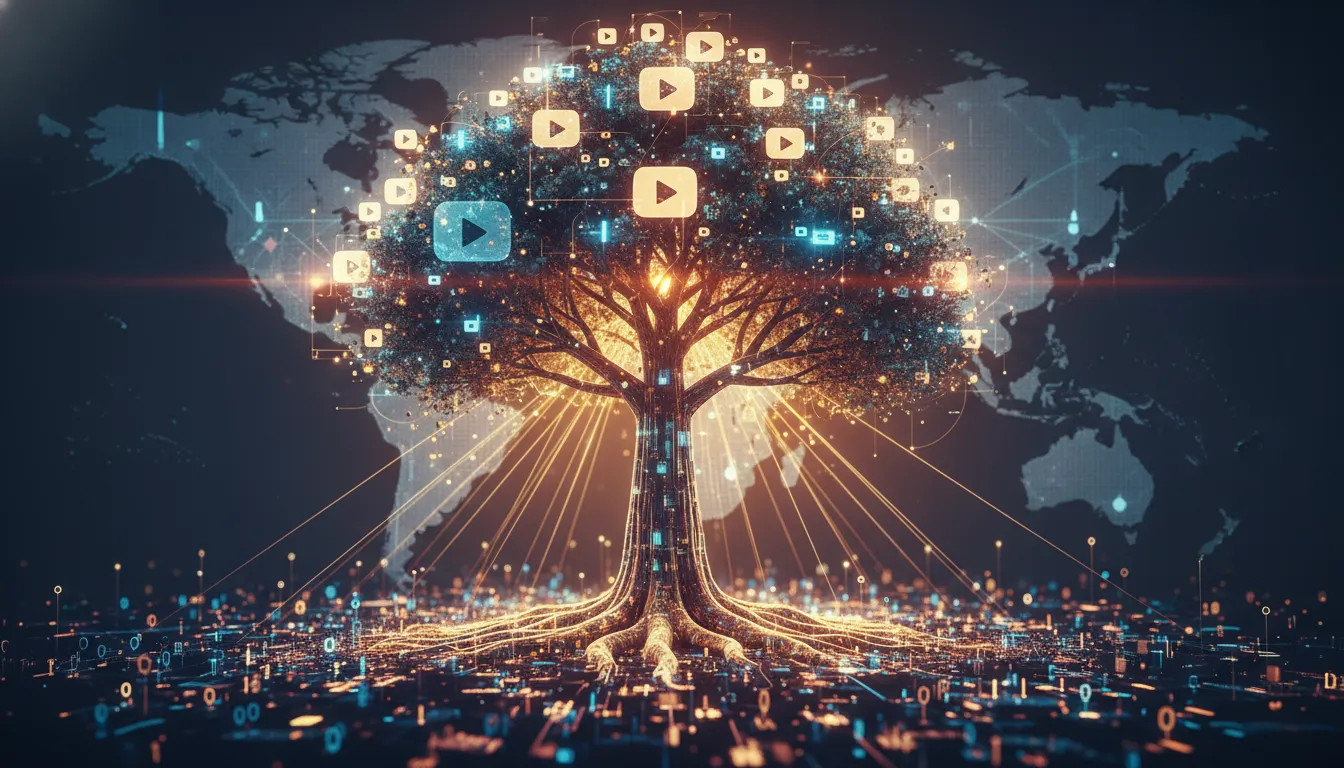 Árvore digital simbolizando o crescimento duradouro de um canal YouTube para empresas impulsionado por SEO.