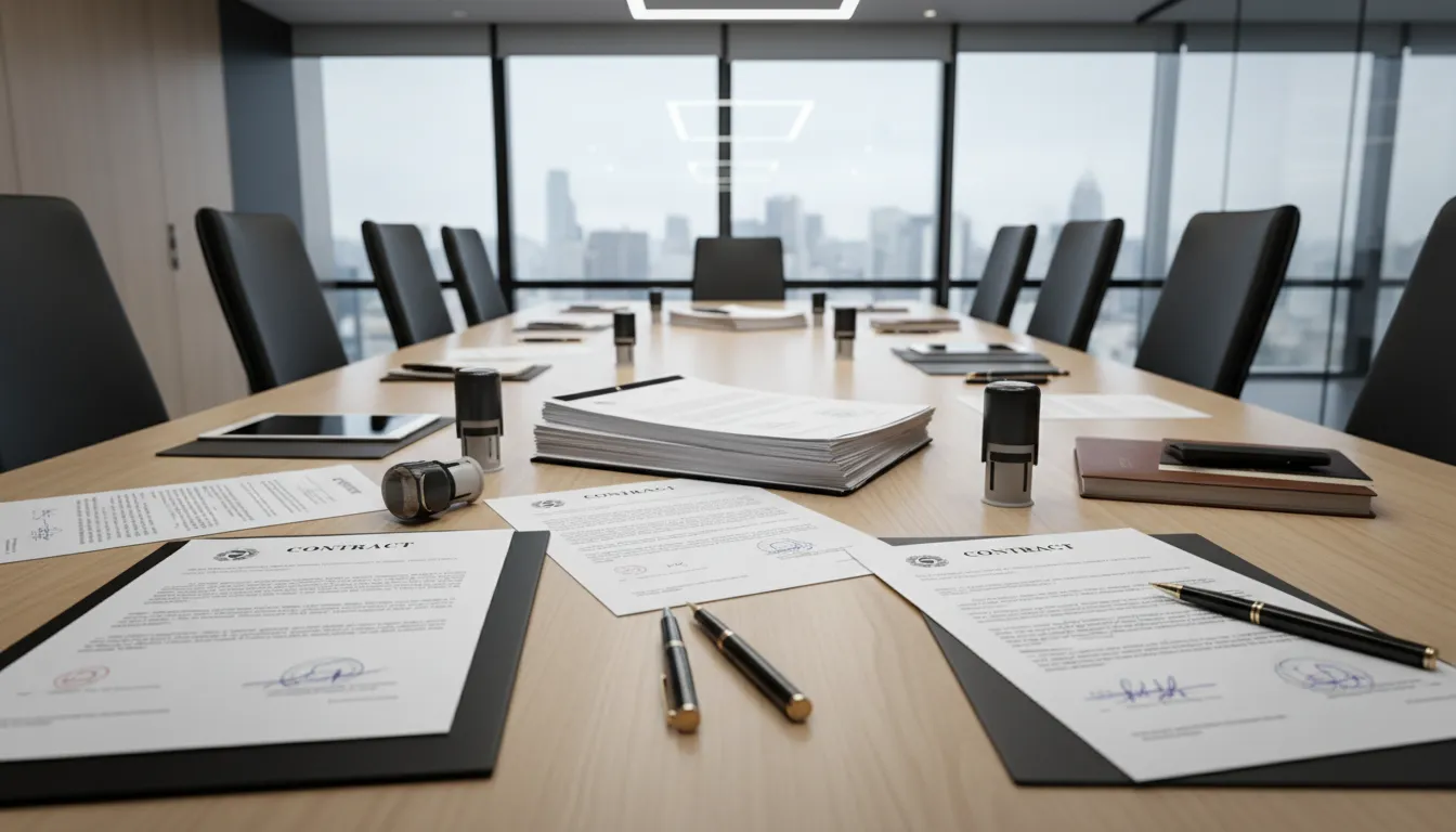 Mesa de reunião empresarial com contratos, carimbos de CNPJ e papéis timbrados, ambiente moderno, sem pessoas.