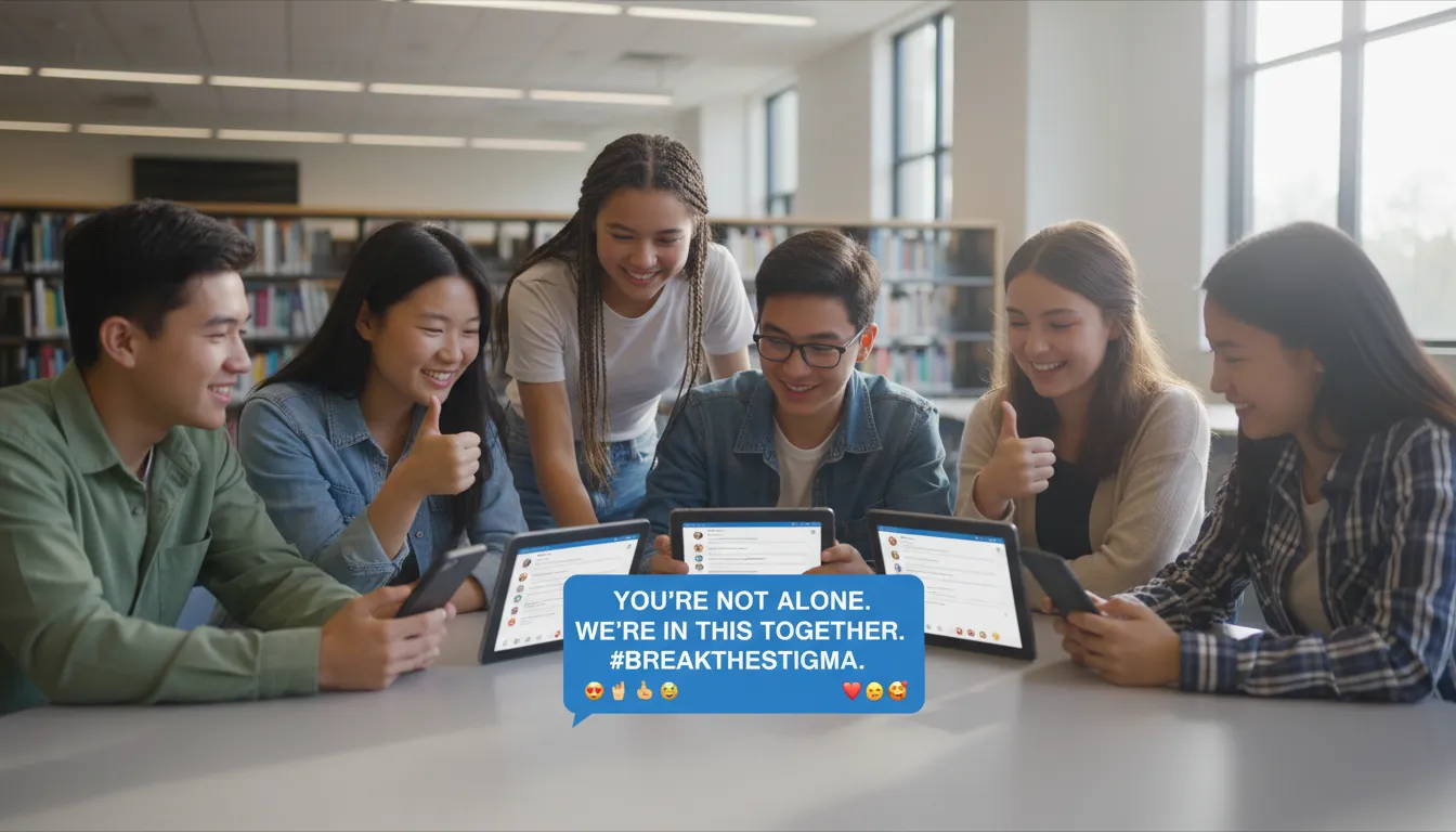 Grupo diverso de adolescentes se apoiando em ambiente escolar durante conversa digital.