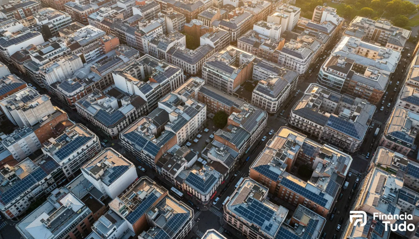 Vista aérea de bairro comercial com muitos telhados equipados com energia solar comércio, mostrando adoção em larga escala.