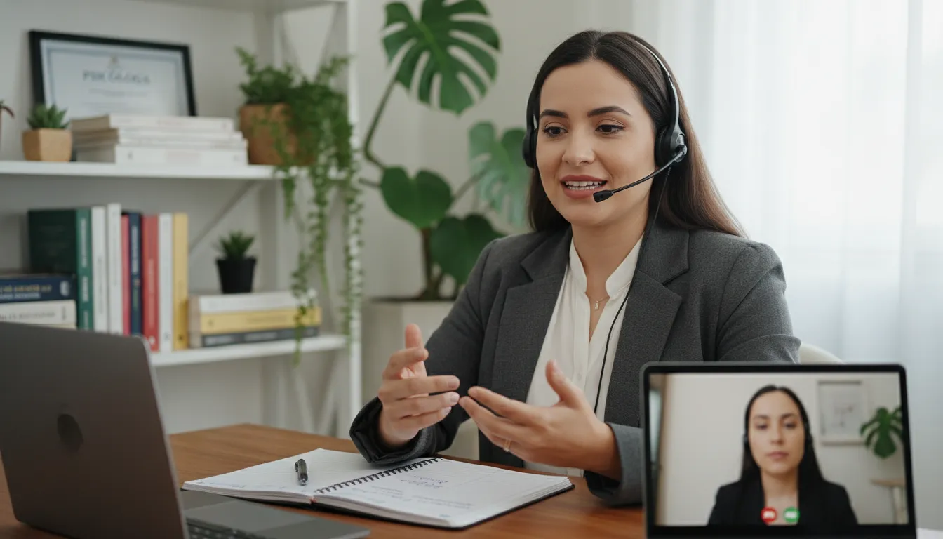 Especialista em saúde mental em videochamada, transmitindo confiança e empatia