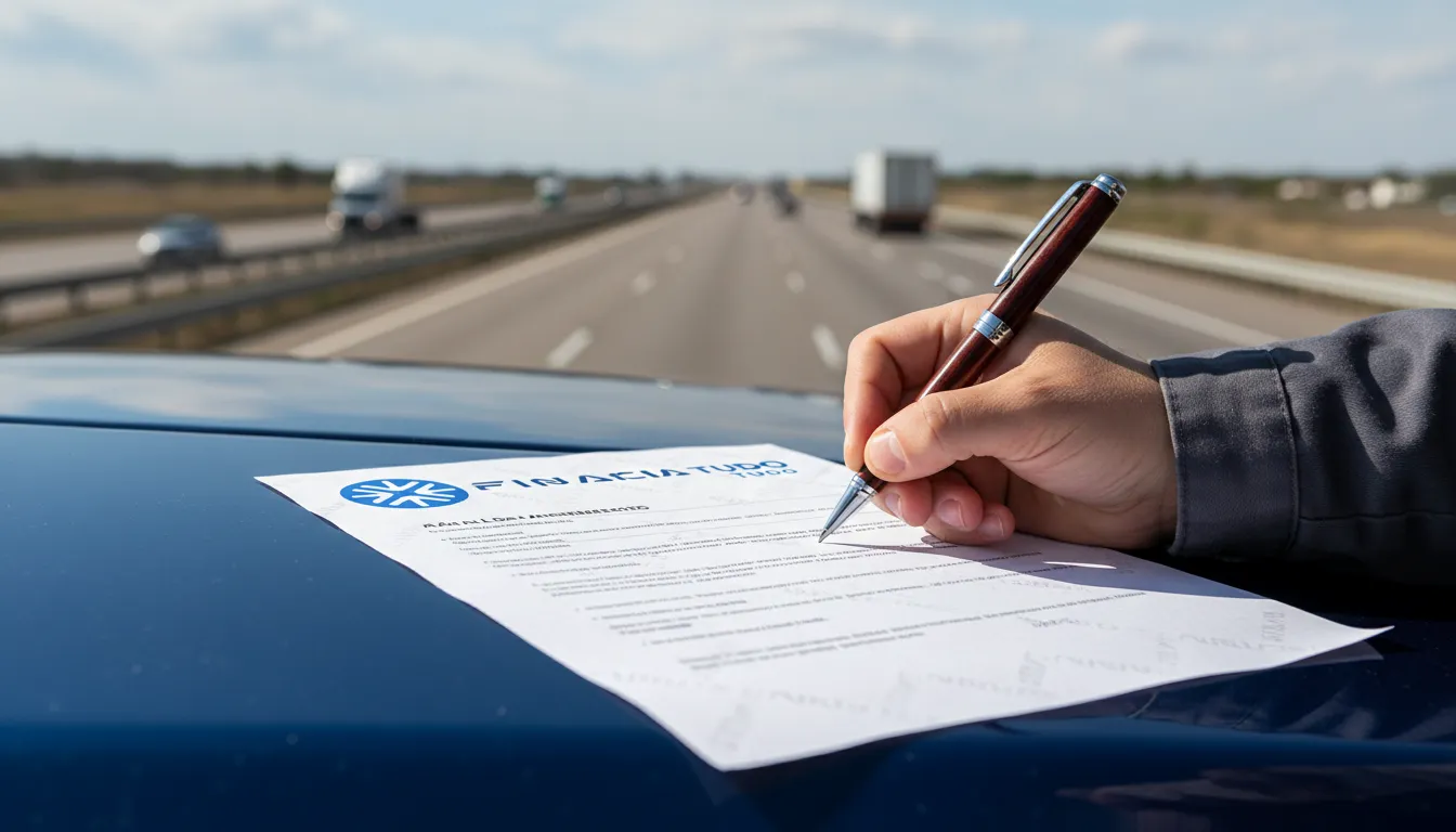 Detalhe de um contrato de crédito para caminhoneiro sendo assinado, simbolizando a aprovação do financiamento.