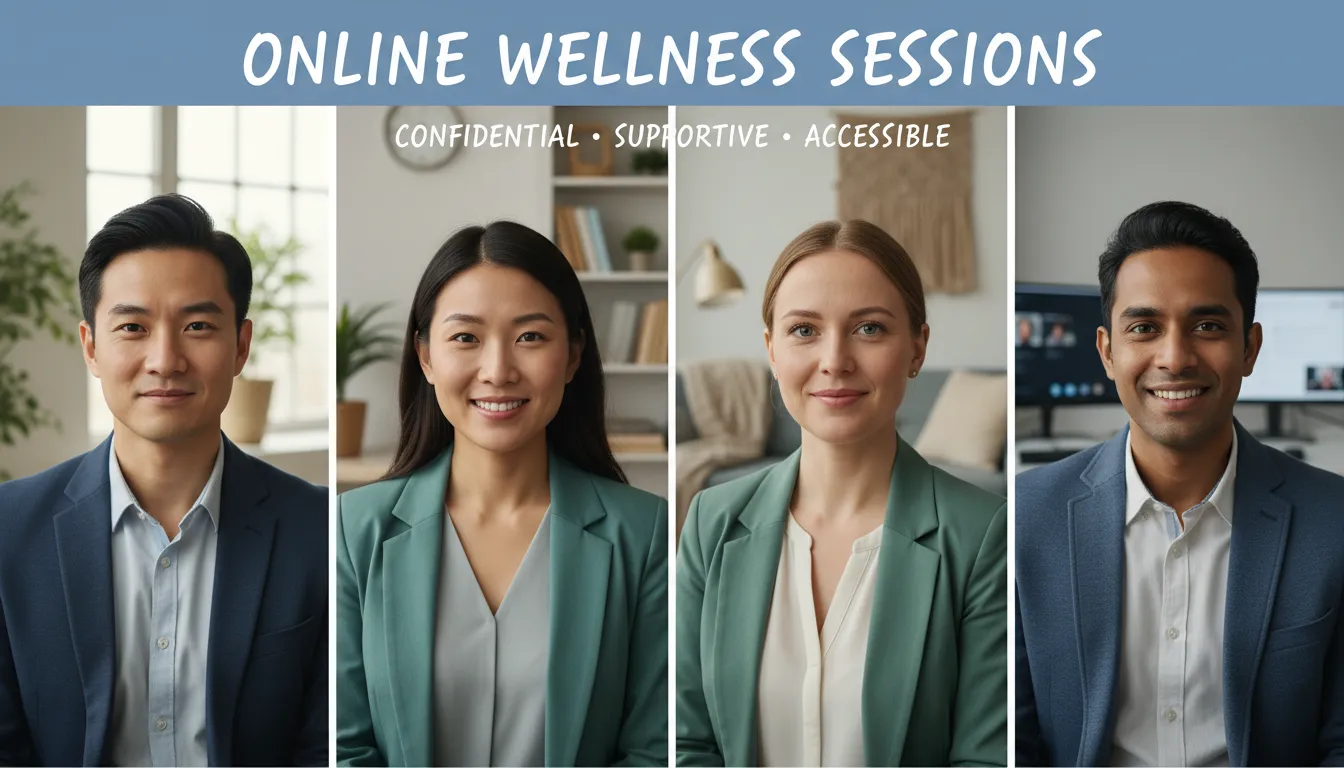 Especialistas em saúde mental preparados para atendimentos online, com expressões calmas e empáticas.