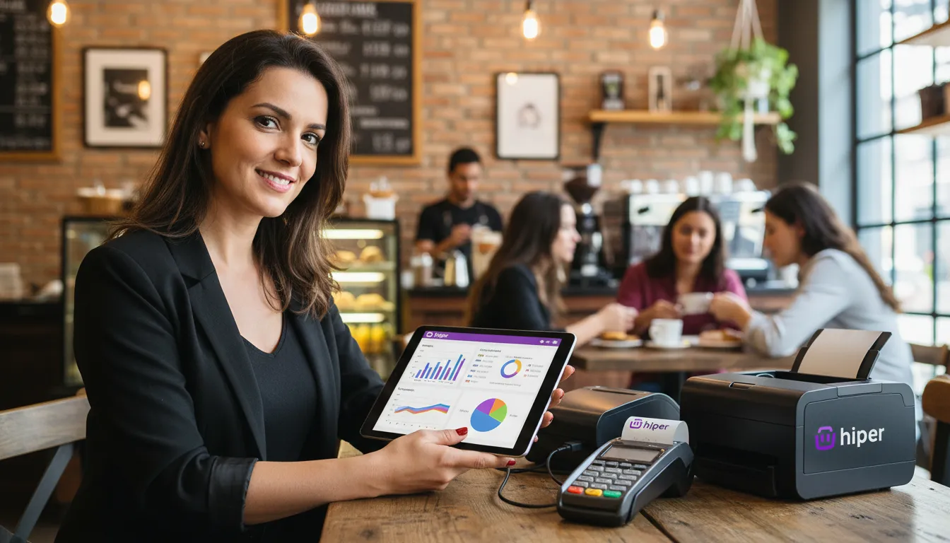 Dono de negócio analisando dados no tablet através do sistema TEF: o que é da Hiper, promovendo gestão eficiente.