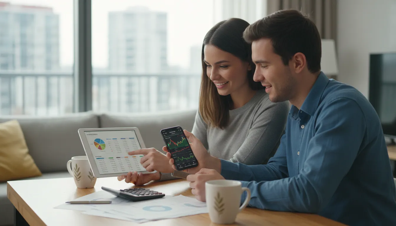 Casal revisa opções de investimento online em clima descontraído, tecnologia ao alcance das mãos.