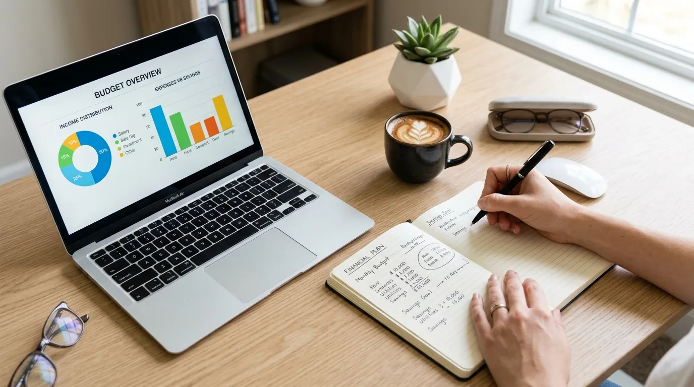 Planejamento com gráficos destaca a importância da educação financeira e saúde mental equilibrada.