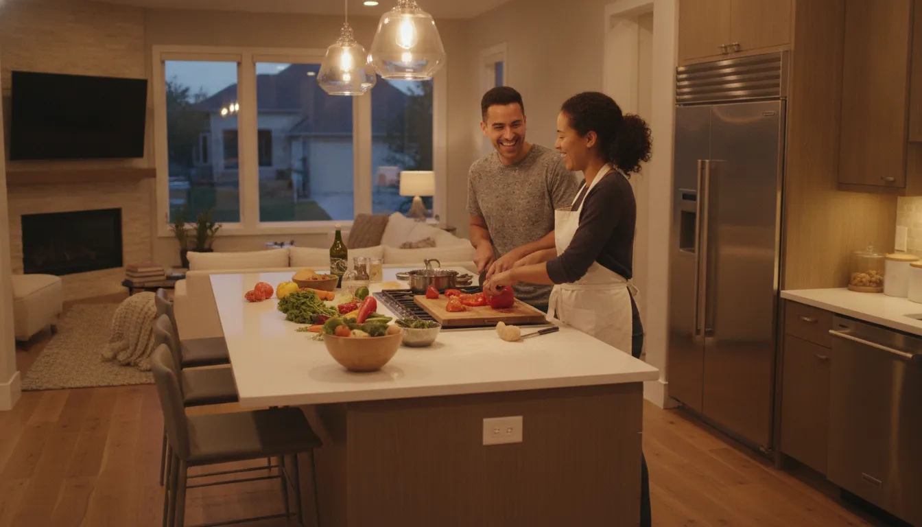 Como é morar nos EUA: casal brasileiro cozinhando em cozinha moderna, ambiente acolhedor.