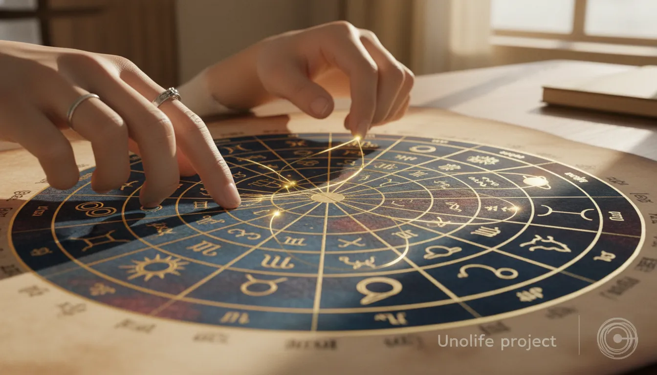 Mãos traçando as linhas de um mapa astral completo, destacando aspectos planetários e sua influência, com foco na interpretação astrológica.