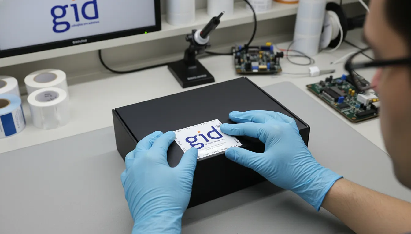 Mãos aplicando etiqueta de garantia personalizada GID em eletrônico, evidenciando cuidado e selo VOID.