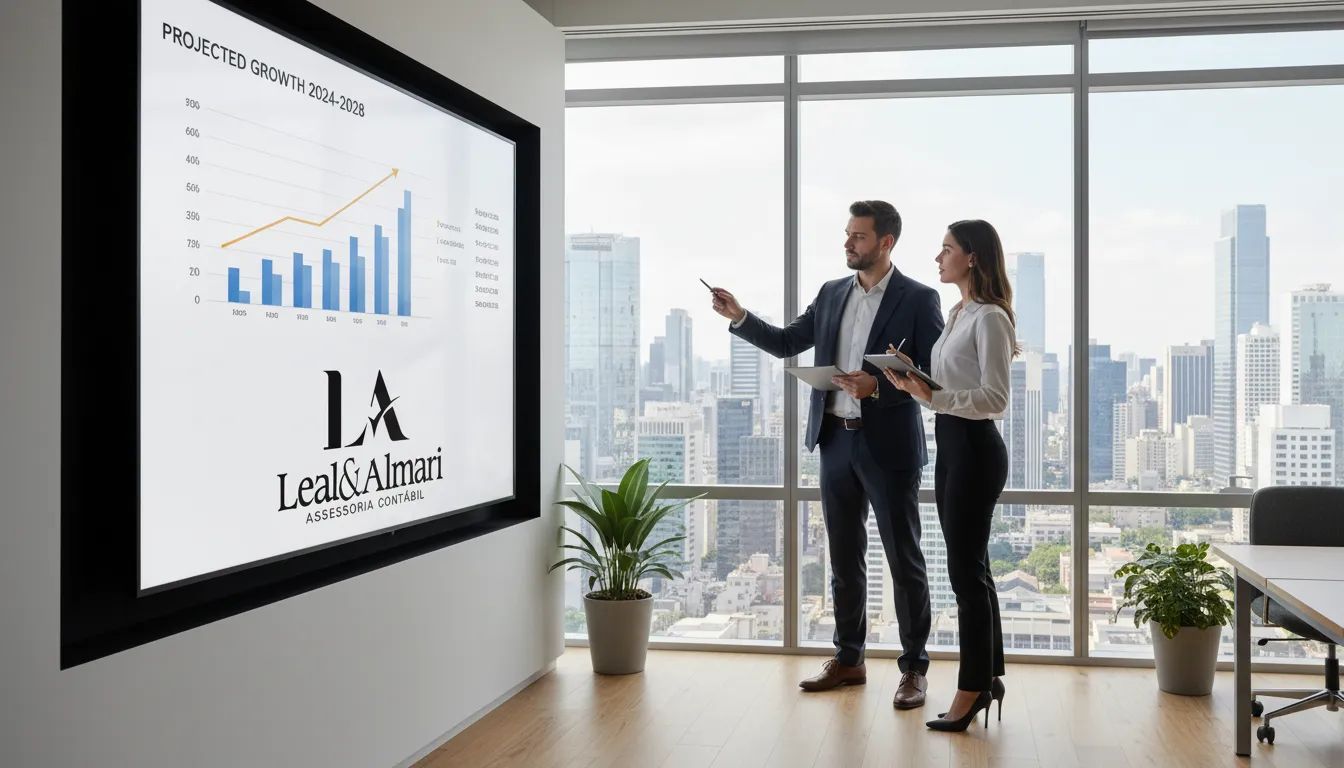 Profissionais discutindo planejamento de contabilidade financeira em frente a gráficos.