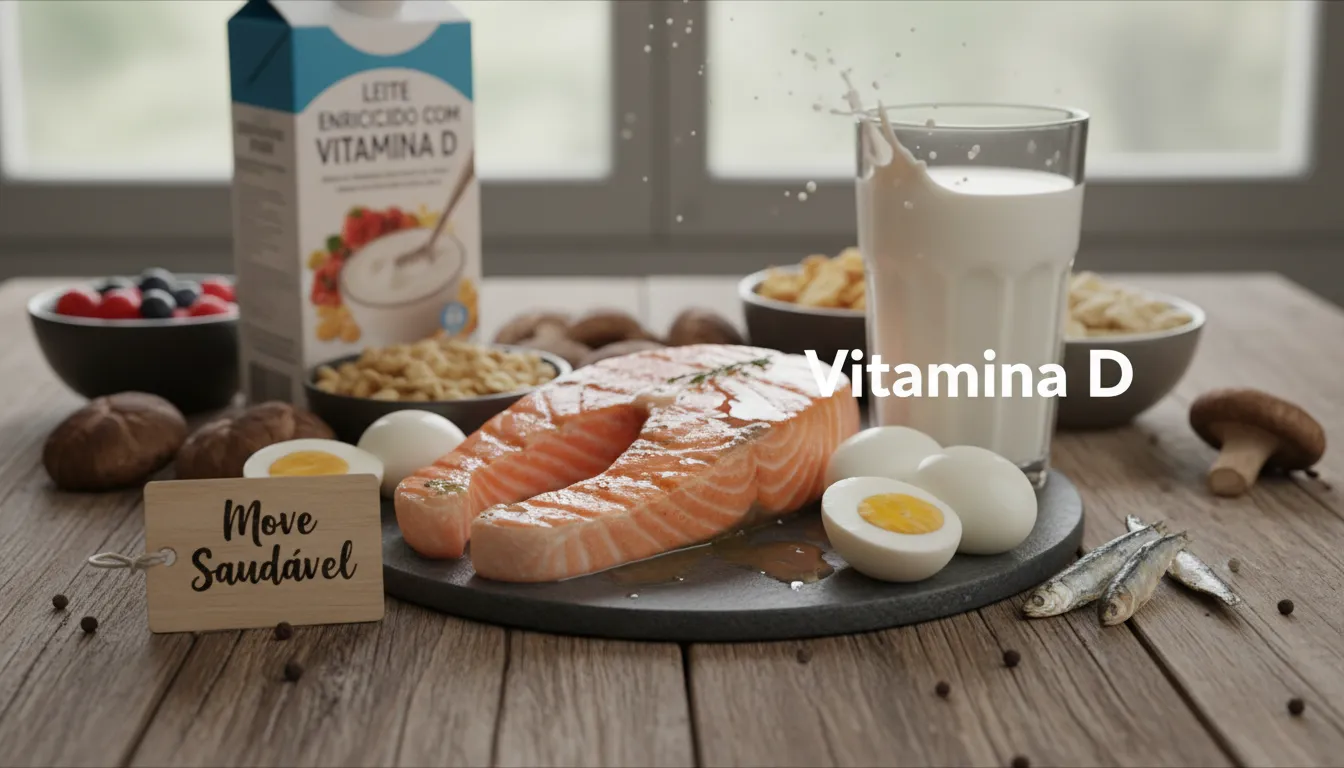 Alimentos ricos em vitamina D, como salmão, ovos e leite fortificado, exibidos em uma mesa de madeira, ilustrando fontes alimentares importantes para decidir quando suplementar vitamina d.