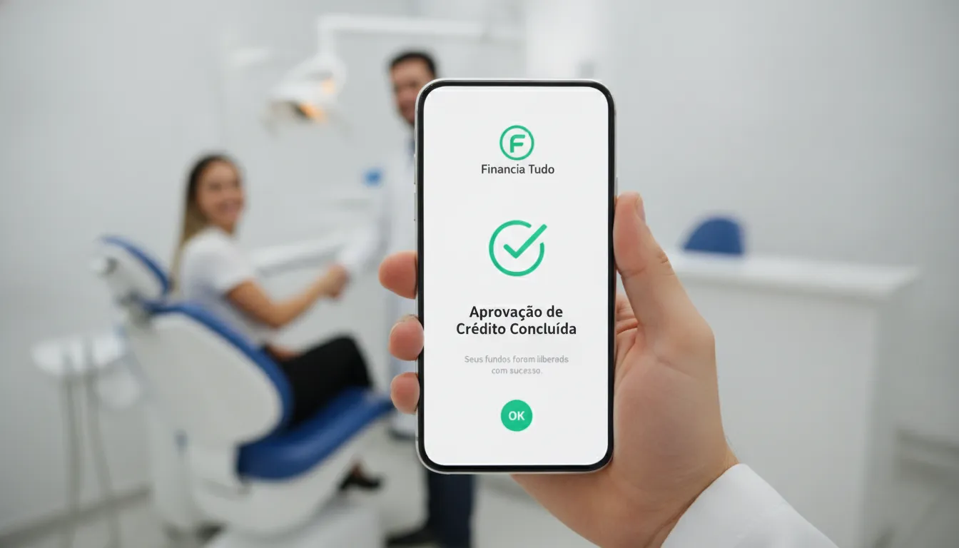 Smartphone com aprovação de crédito para dentistas da Financia Tudo, simbolizando agilidade.