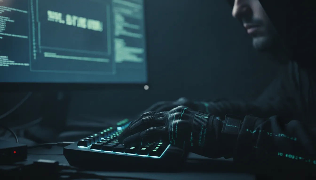 Hacker digitando código malicioso em teclado, tela exibe demanda de ransomware, mostrando como ransomware o que é.