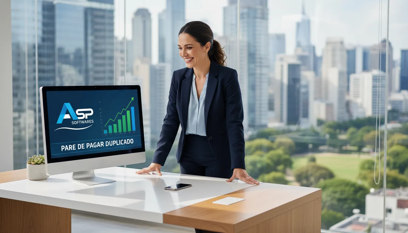 Um empresário sorrindo ao ver gráficos de crescimento em seu computador, representando os benefícios de evitar a dupla tributação com as soluções da ASP Softwares para substituição tributária.