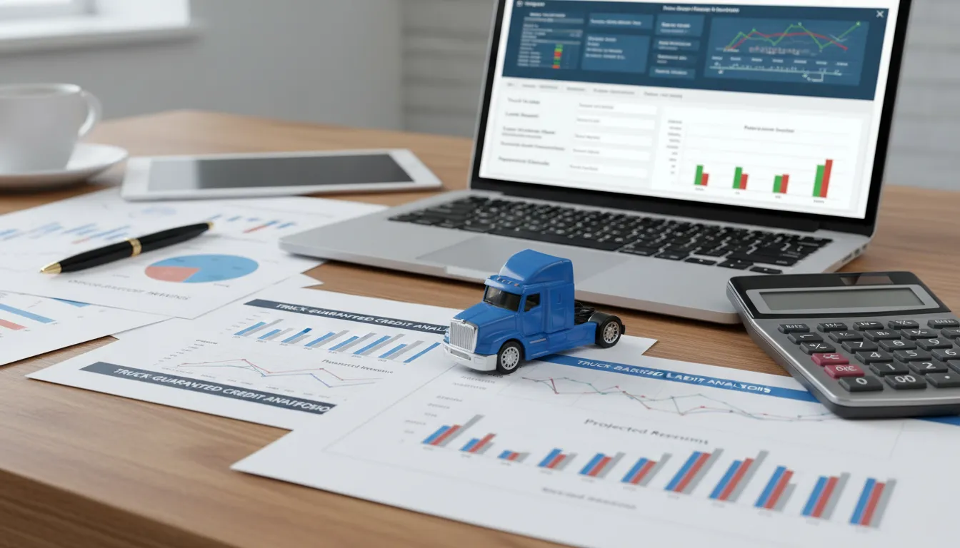 Mesa com documentos financeiros e miniatura de caminhão, ilustrando análise de crédito com garantia.