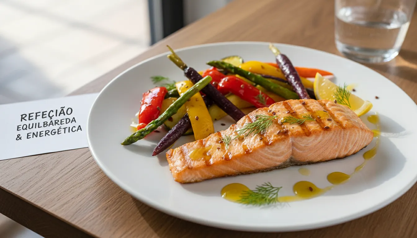 Prato com salmão grelhado, legumes e sementes, destacando uma refeição nutritiva para o metabolismo