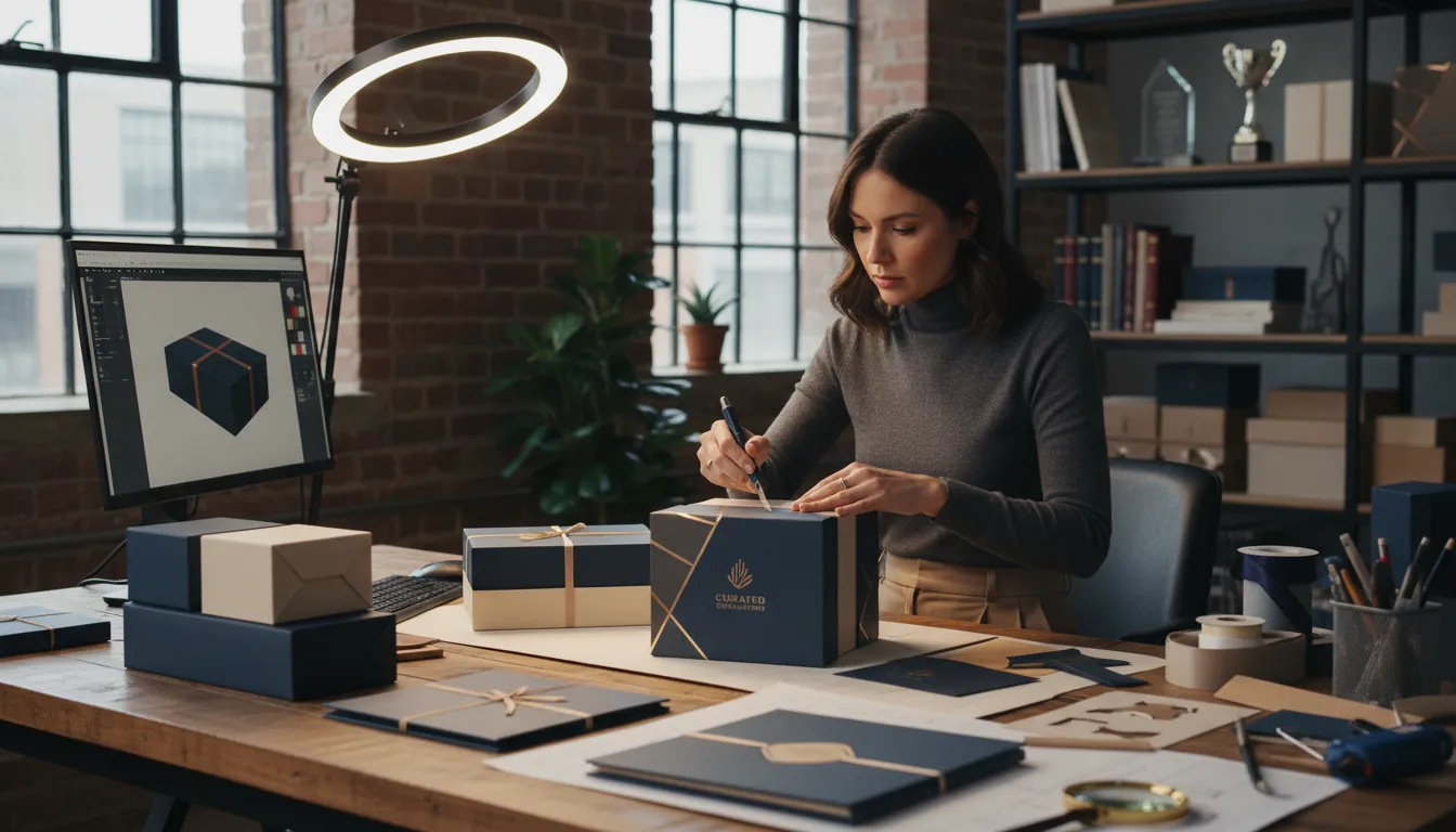 Designer personalizando embalagens de presentes corporativos com criatividade e atenção aos detalhes.